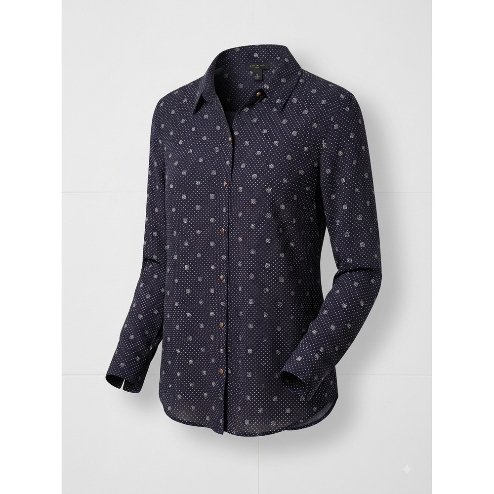 Ann Taylor Silk Minimalist Blouse Navy  Dark Academia Button Down Top Womens M